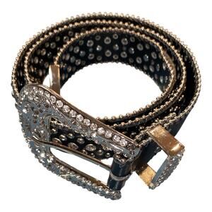 Rhinestone Western Crystal Bling Women’s Black Leather Belt Size L
